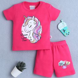 BUMZEE Cotton Knit Half Sleeves Unicorn Printed Tee & Shorts Set - Pink-image-66