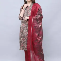 Rajnandini Floral Printed Mandarin Collar Straight Kurta with Trousers & Dupatta-image-90