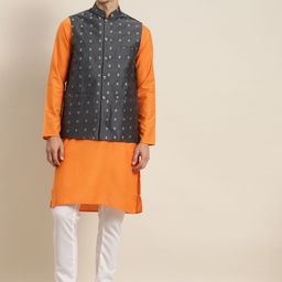 SOJANYA Men Orange & Grey Kurta with Churidar & Nehru Jacket-17