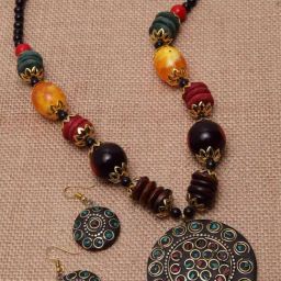 Panash Copper Plated Black & Green Beaded Jewellery Set-15