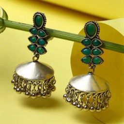 Sohi Oxidised Silver-Plated Green Stone-Studded Contemporary Jhumki Earrings-22
