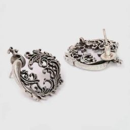 Sohi Silver-Toned Peacock Shaped Oxidised Drop Earrings image 3