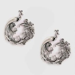 Sohi Silver-Toned Peacock Shaped Oxidised Drop Earrings-34