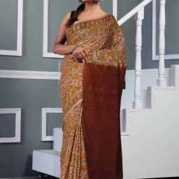 Unnati Silks Light Pink & Brown Cotton Hand Block Print Saree with Unstitched Blouse-image-68