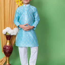 NFC CREATION Boys Embroidered Regular Sequinned Dupion Silk Kurta with Pyjamas-13