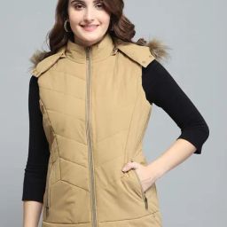 Monte Carlo Women's Khaki Solid Detachable Hood Sleeveless Jacket-image-69