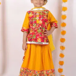 Little Bansi Kids Yellow Cotton Embellished Kurta Lehenga Set-image-84