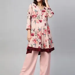 Jompers Peach Cotton Floral Print Flared Kurta-image-9