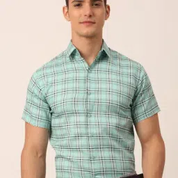 Jainish Green Cotton Regular Fit Checks Shirt-image-9
