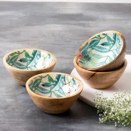 Nestroots Serving Bowls Wooden for Snacks Dry Fruits Set of 4 Printed Decorative Potpourri BowlS-0