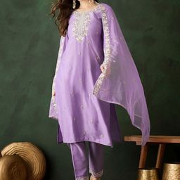 Sangria Floral Embroidered Sequinned Straight Kurta & Trouser With Dupatta-1