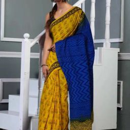 Unnati Silks Yellow & Blue Cotton Hand Block Print Saree with Unstitched Blouse-image-86