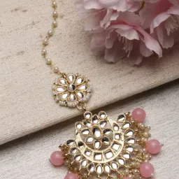 Zeneme Gold Plated Kundan Studded Orange Drop Pearls Maang Tikka-image-79