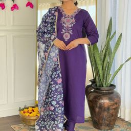 KALINI Women Floral Yoke Design Regular Thread Work Chanderi Silk Kurta with Trousers & With Dupatta-image-27