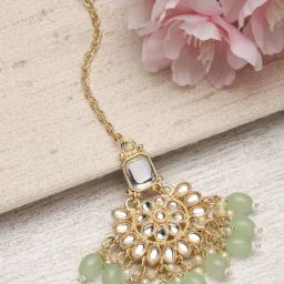 Zeneme Gold Plated Kundan Studded Drop Pearls Maang Tikka-image-99