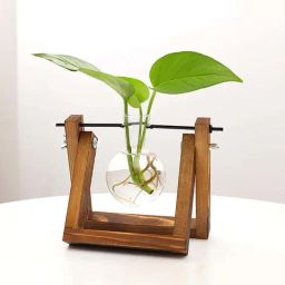 Smokey Cocktail Transparent & Brown Glass Single Flask Planter With Wooden Stand-image-3