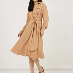 Styli Beige Plain A-Line Dress-image-20