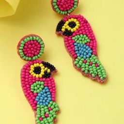 Sohi Pink Green Parrot Shaped Beaded Designer Drop Earrings-image-19