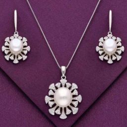 Kai Jewel Sterling Precious Pearl Diamond Flare Pendant with Chain & Earrings Set for Women-image-17