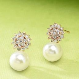 Zaveri Pearls Gold Tone Cubic Zirconia & Pearl Contemporary Brass Stud Earrings-ZPFK9516-73