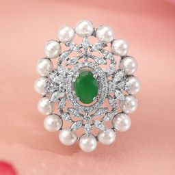 Rubans Rhodium-Plated Cubic Zirconia-Studded & Pearl-Beaded Adjustable Finger Ring-image-11