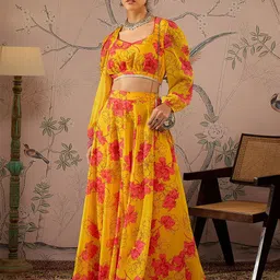 Shae by SASSAFRAS Floral Printed Sweetheart Neck Puffed Sleeves Crop Top & Anarkali Skirt-image-15