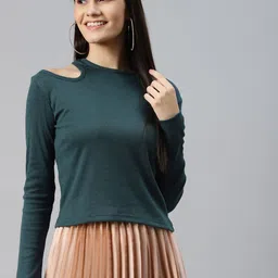 plusS Women Teal Blue Cut-Out Detail T-shirt-image-90