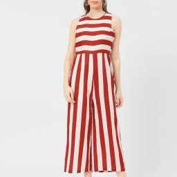 Moomaya Red & White Cotton Blend Striped Jumpsuit-29