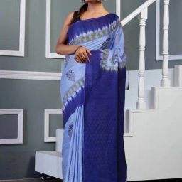 Unnati Silks Pale Blue & Navy Cotton Hand Block Print Saree with Unstitched Blouse-image-33