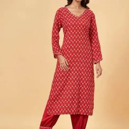 YU by Pantaloons Red Cotton Floral Print Kurta Salwar Set-image-16