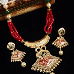 Panash Gold Plated & Red Stone Studded & Beaded Jewellery Set-image-30