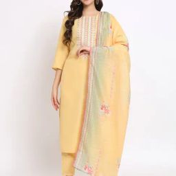 Salwat Light Yellow Embroidered Kurta With Pant & Dupatta-image-117