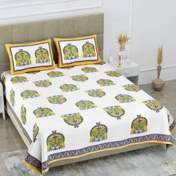 HOMELINE Yellow & White Ethnic Motifs Pure Cotton 180 TC King Bedsheet Set 2.54  x 2.74Mts-image-76