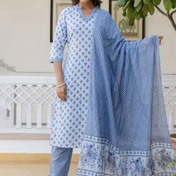 Kohsh Women Ethnic Motifs Printed Regular Pure Cotton Kurta with Trousers & Dupatta-picture-12