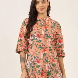 BAESD Floral Print Mandarin Collar Roll-Up Sleeves Ethnic Cotton Top-image-103