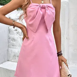 KPOP Women Solid Shoulder Straps Bow A-Line Dress-image-55