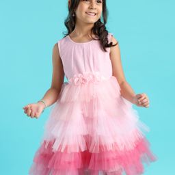 Babyhug Sleeveless Layered Party Frock with Foil and Glitter Detailing and Corsage - Pink-image-49