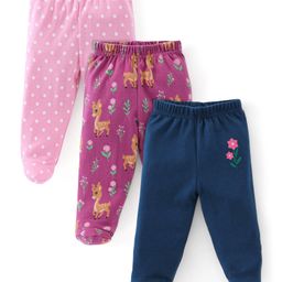 Babyhug Cotton Full Length Bootie Leggings Deer Print Pack of 3 - Pink & Blue-image-81