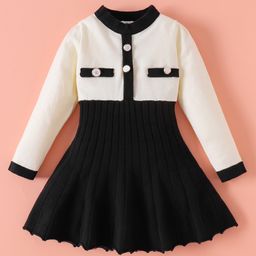 Kookie Kids Full Sleeves Pleated Winter Frock with Button Detailing - Black-image-7