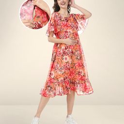 Bella Mama Woven Flutter Sleeves Maternity Dress Floral Print - Peach-image-79