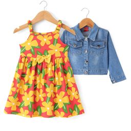Babyhug Cotton Knit Floral Printed Frock With Full Sleeves Denim Jacket - Dark Pink Yellow & Blue-image-92