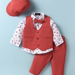 Robo Fry Lycra Knit Full Sleeves Car Printed 3 Piece Party Suit with Bow & Hat - Red-picture-20
