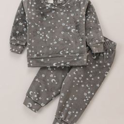 Babyhug Velour Woven Full Sleeves Winter Wear Co-Ord Set With Moon & Stars Print - Grey-image-36