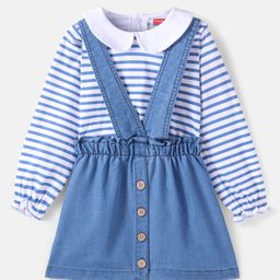 Babyhug Cotton Woven Full Peasant Sleeves Striped Top With Peter Pan Collar & Skirt - Blue-image-35