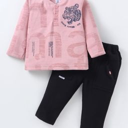 Be Baby Fleece Knit Full Sleeves Tiger Printed Winter T-Shirt & Lounge Pant Set With Henley Neck - Pink-image-62
