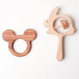 Wooden Handmade Sensory Stimulating -  Mickey Mouse Teether & Rabbit Rattle For Born Babies (2 Piece)-4