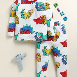 Little Marine Cotton Kint Full Sleeves Text & Animal Printed Night Suit - White-image-53