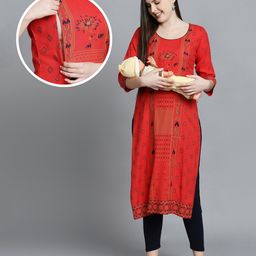 True Shape Three Fourth Sleeves Floral & Geometric Printed Maternity Kurta With Concealed Zipper Nursing Access - Red-image-80