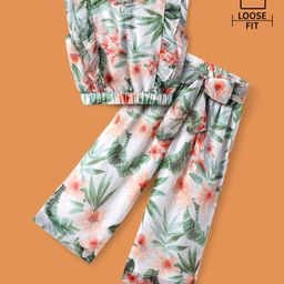 Ollington St.Woven Floral Printed Co-Ord Set Of Flutter Sleeves Top & Culottes With Self Fabric Belt - Green & White-3