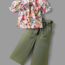 Ollington St. Half Sleeves Floral Printed Top & Rayon Twill Culotte Pant Set - White & Olive Green-image-80